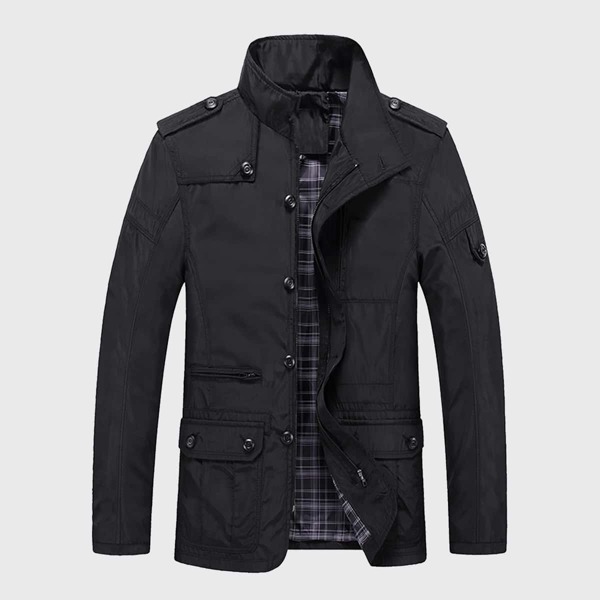 

Men Solid Flap Pocket Epaulette Jacket, Black