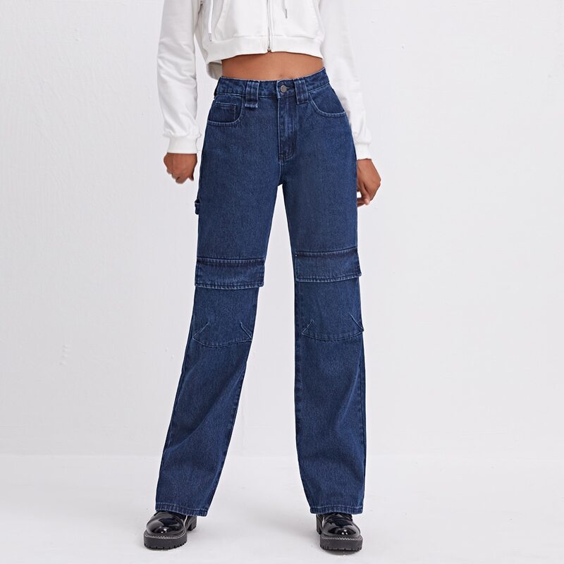 

Flap Pocket Front Straight Leg Jeans, Dark wash