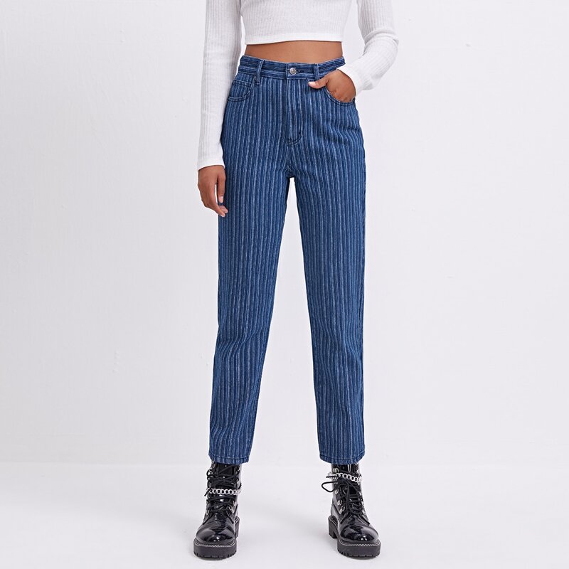 

High Waist Striped Mom Jeans, Medium wash