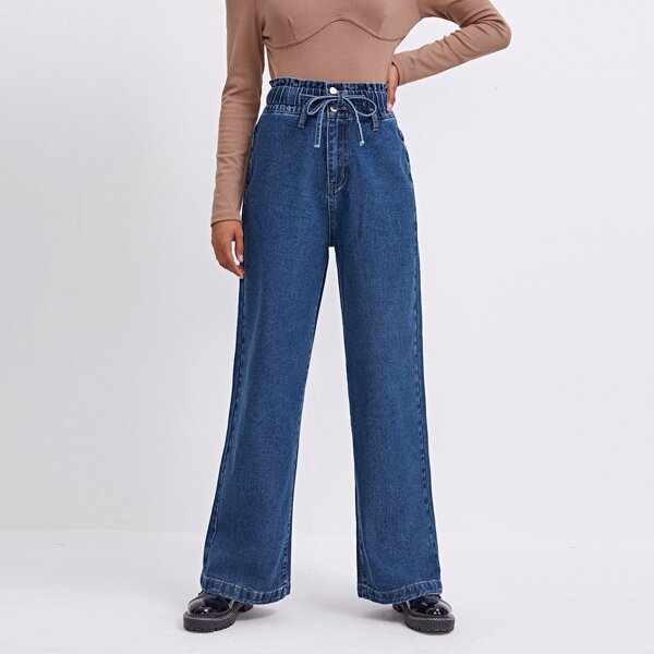 

Frill Trim Drawstring Waist Wide Leg Jeans, Medium wash