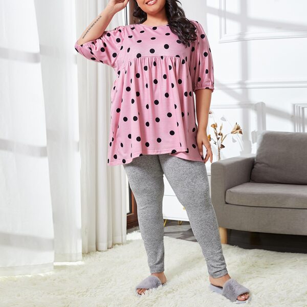 

Plus Polka Dot Ruffle Hem Tee With Pants PJ Set, Multicolor