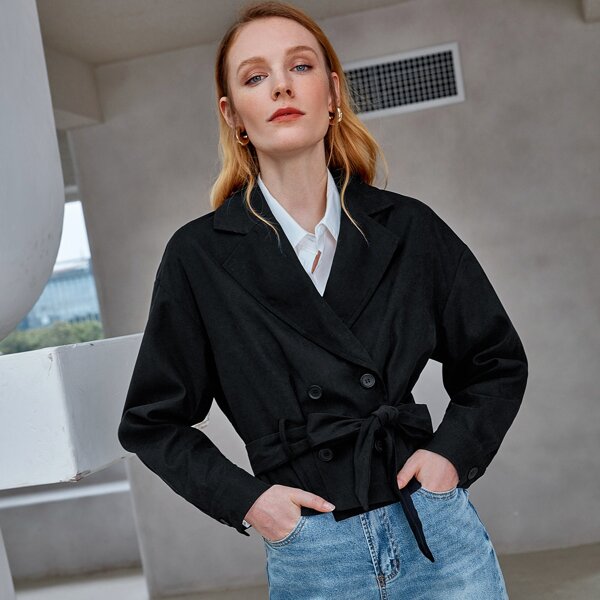 

Lapel Collar Double Breasted Belted Jacket, Black