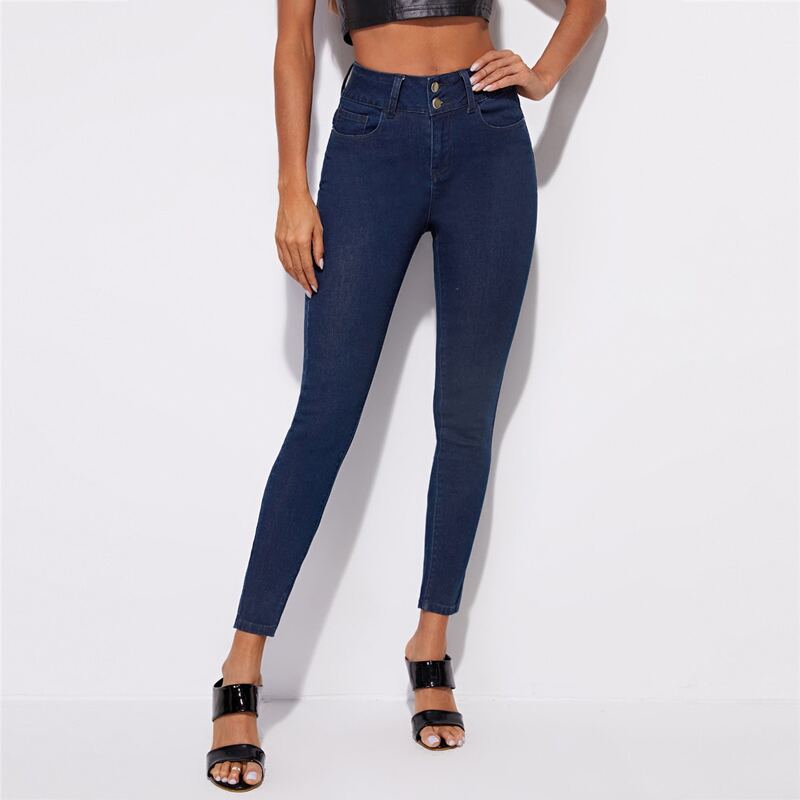 

Button High Waist Skinny Pants, Dark wash