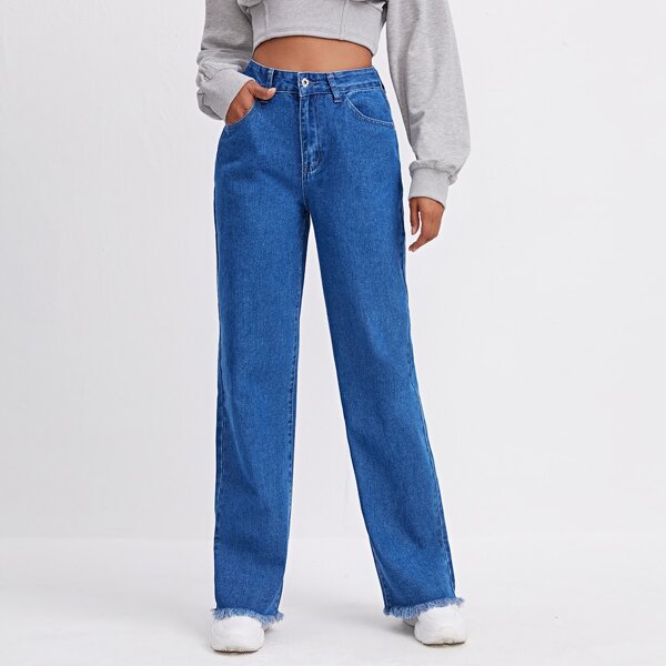 

High Waist Raw Hem Straight Leg Jeans, Medium wash