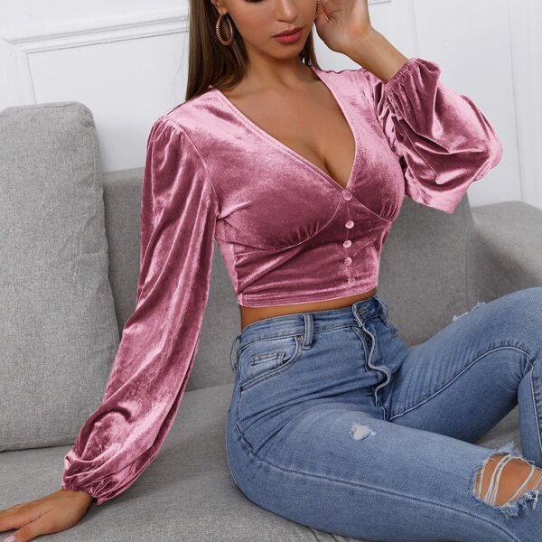 

Button Front Lantern Sleeve Velvet Crop Top, Dusty pink