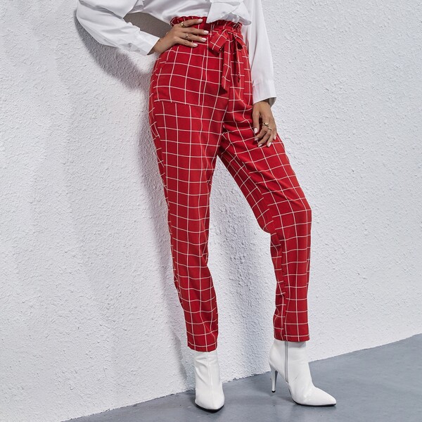 

Knotted Paperbag Waist Grid Print Pants, Red
