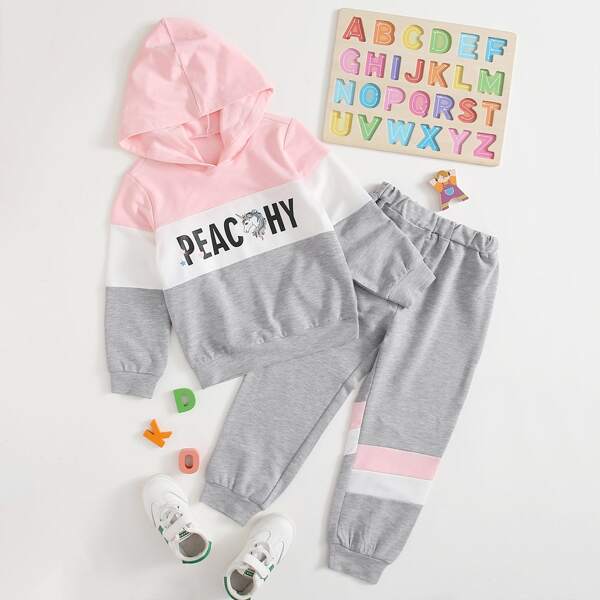

Toddler Girls Colorblock And Letter Graphic Hoodie With Sweatpants, Multicolor
