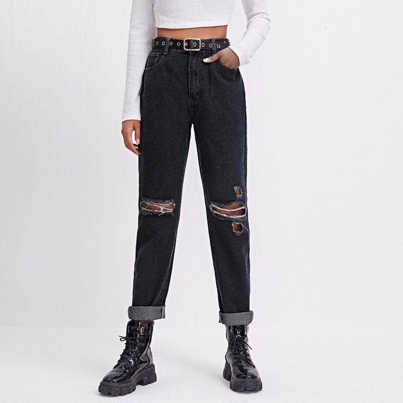 

High Waisted Ripped Mom Jeans Without Belt, Dark grey