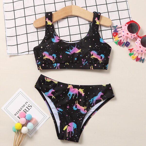 

Girls Unicorn Print Bikini Swimsuit, Multicolor