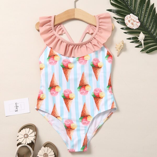 

Girls Ice Cream Print Ruffle One Piece Swimsuit, Multicolor