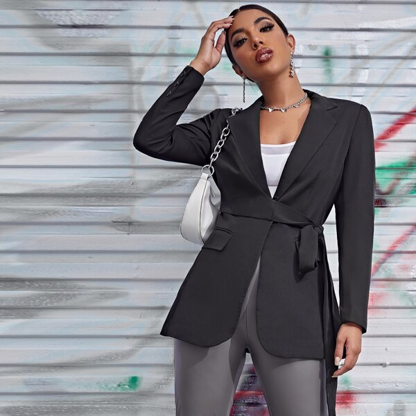 

Notched Collar Belted Blazer, Black