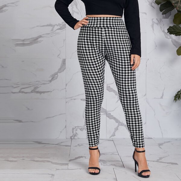 

Plus Wide Waistband Buffalo Plaid Leggings, Black and white