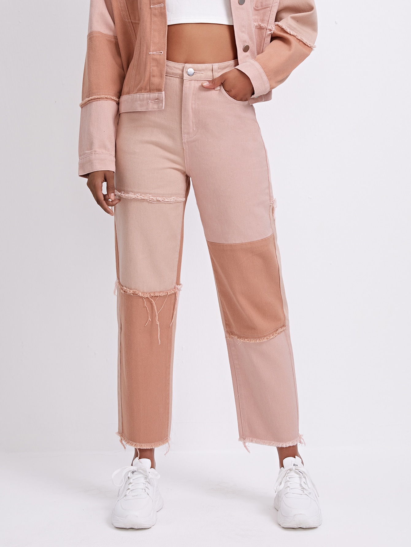 High Waist Spliced Raw Hem Jeans thumbnail
