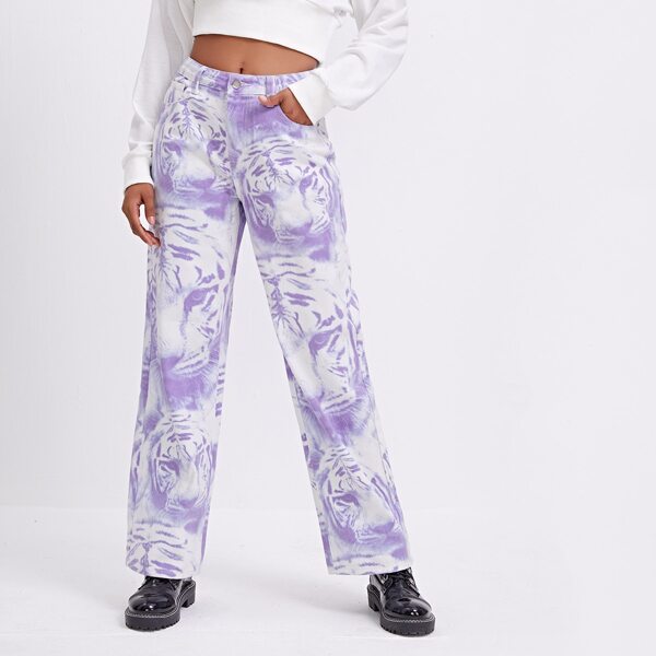 

Tiger Print Straight Leg Jeans, Multicolor