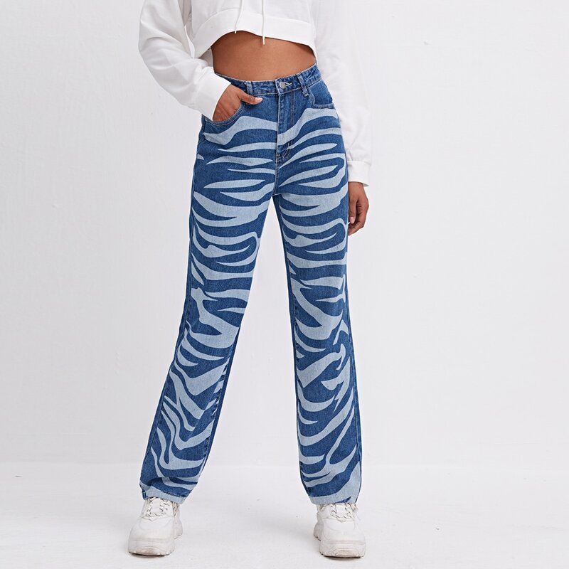 

High Waist Allover Print Straight Leg Jeans, Medium wash