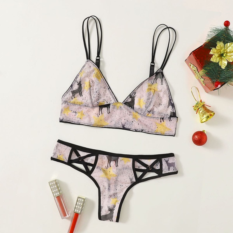 

Mesh Star Print Cut Out Lingerie Set, Apricot