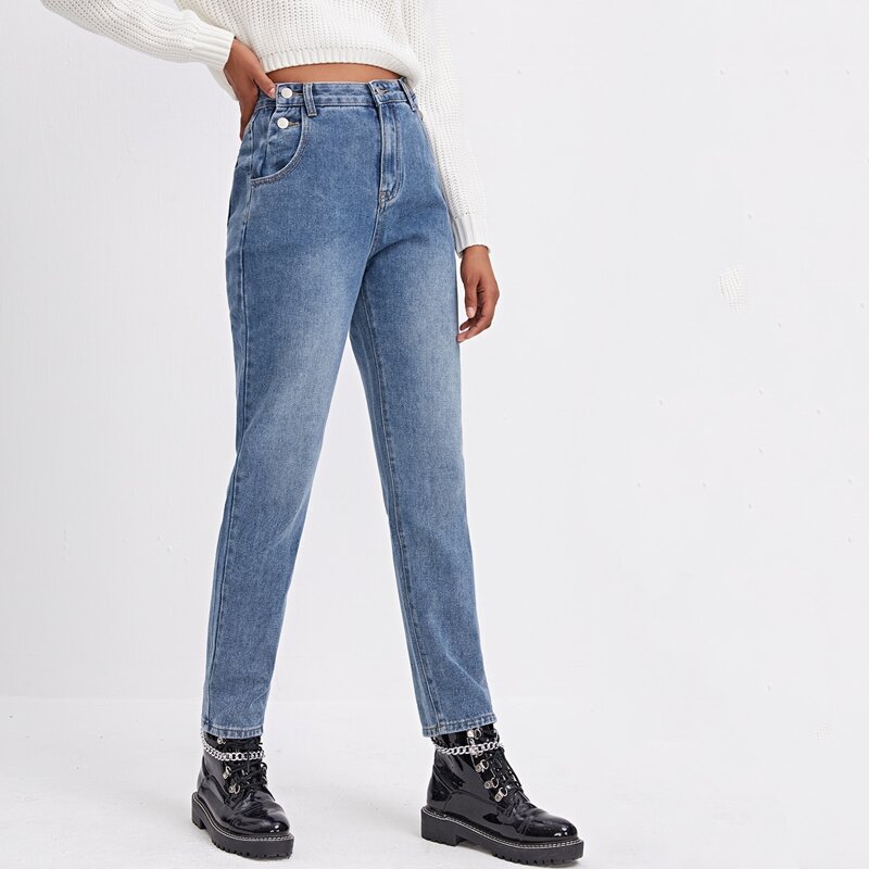

High Waist Bleach Wash Mom Jeans, Medium wash