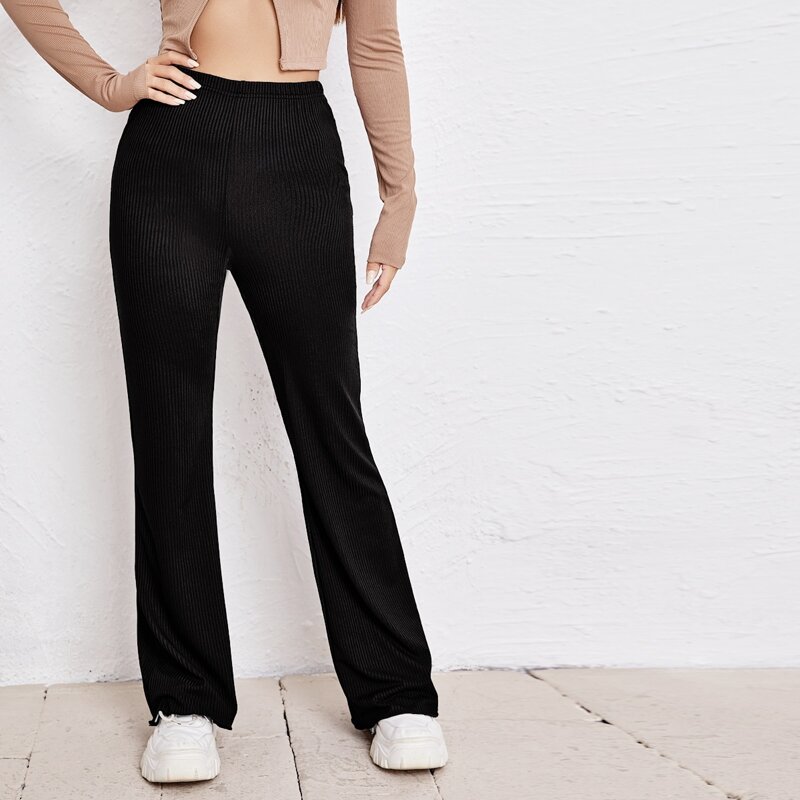 

High Waist Rib-knit Pants, Black