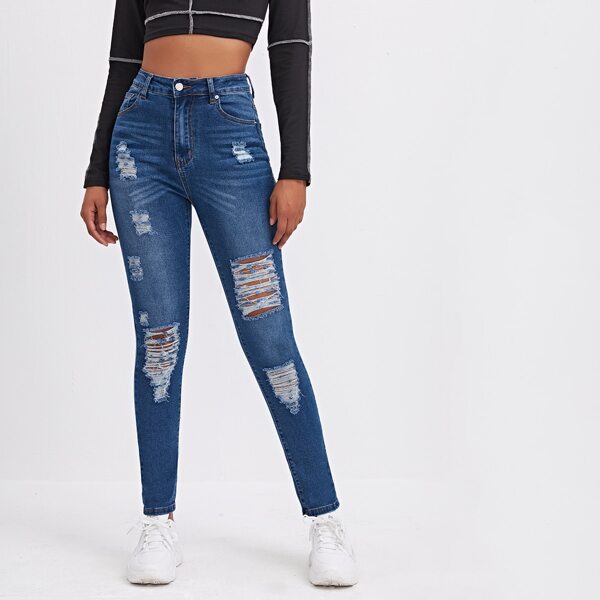 

High Waist Ripped High Stretch Skinny Jeans, Medium wash