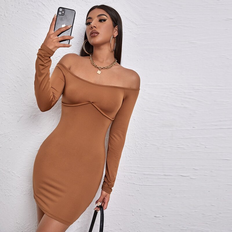

Off Shoulder Bodycon Dress, Brown
