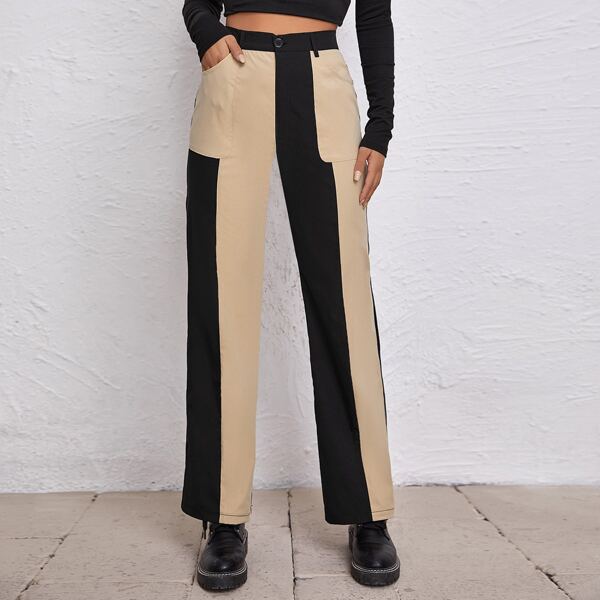 

Zipper Fly Two Tone Straight Leg Pants, Multicolor