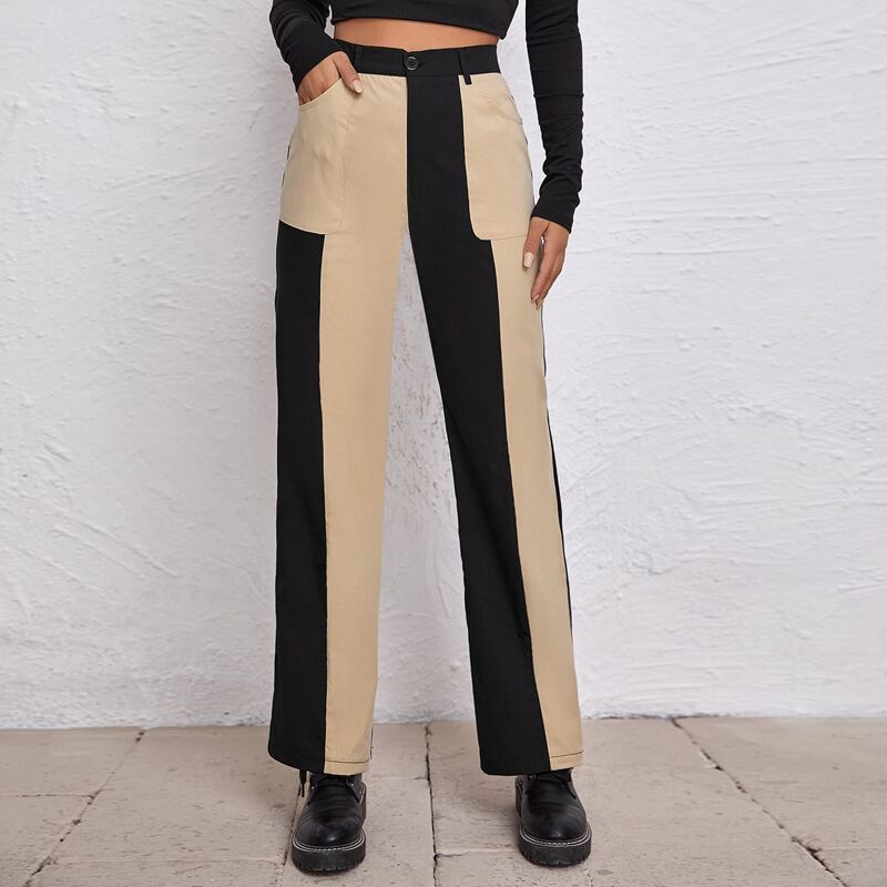 

Zipper Fly Two Tone Straight Leg Pants, Multicolor