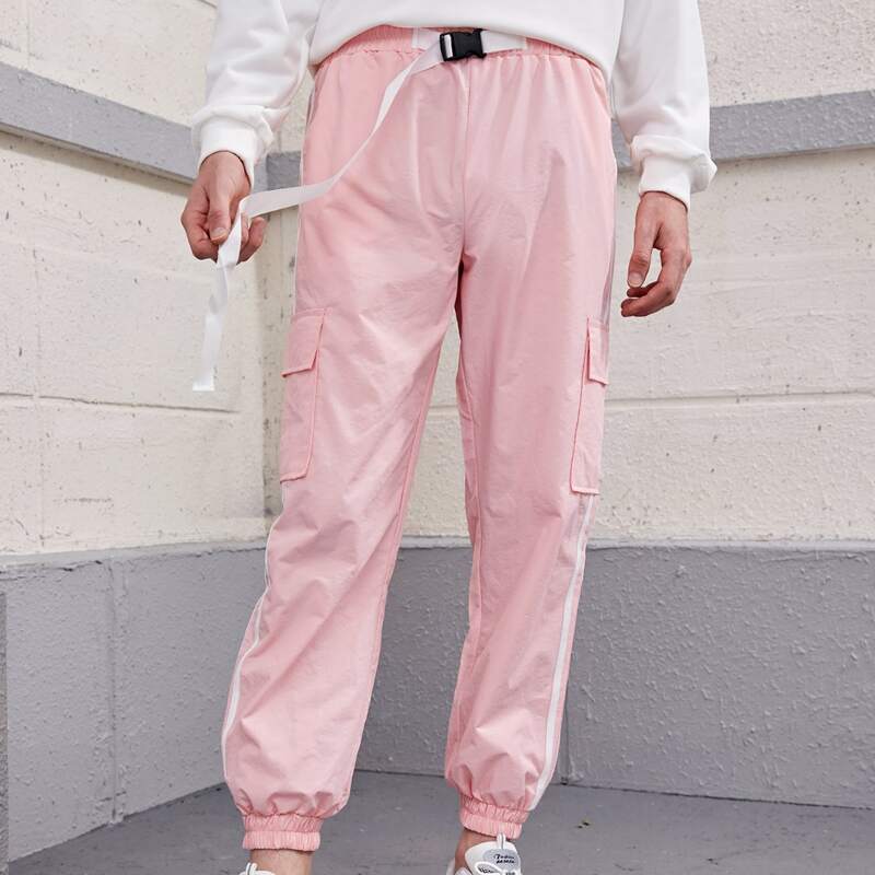 

Guys Contrast Tape Buckle Cargo Pants, Baby pink