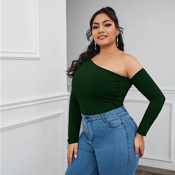 

Plus Asymmetrical Neck Solid Tee, Dark green