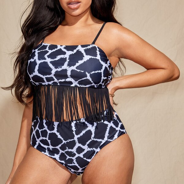 

Plus Allover Graphic Fringe Hem Bikini Swimsuit, Black and white