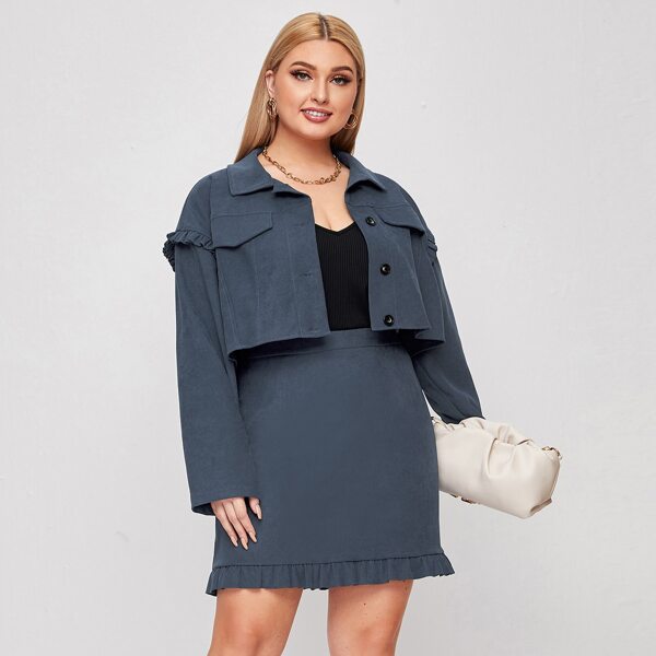 

Plus Frill Trim Button Up Jacket & Skirt Set, Dusty blue