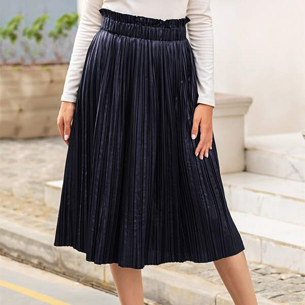 

Paperbag Waist Pleated Midi Skirt, Navy blue