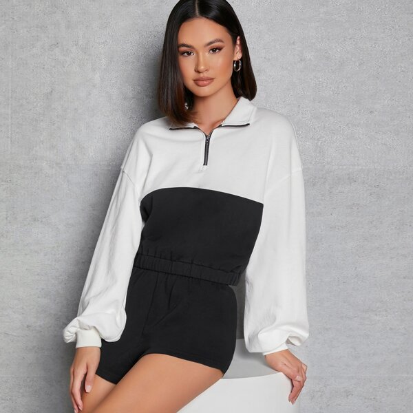 

Bishop Sleeve Colorblock Zip Half Placket Sweatshirt & Track Shorts Set, Black and white