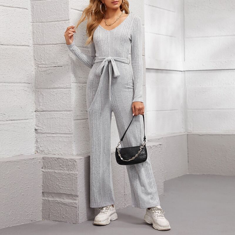 

Rib-knit Self Belted Tee Jumpsuit, Light grey