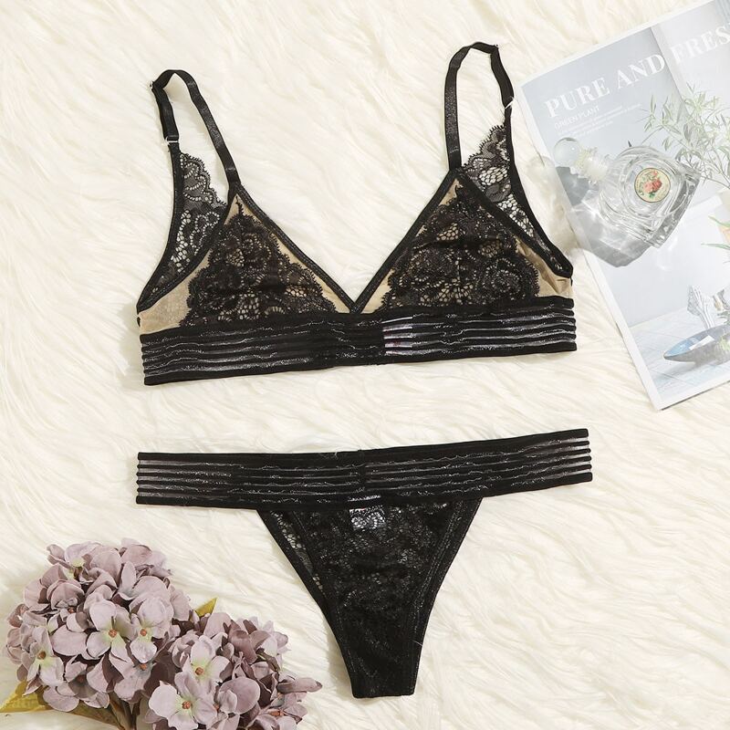 

Sheer Lace Thong Lingerie Set, Black