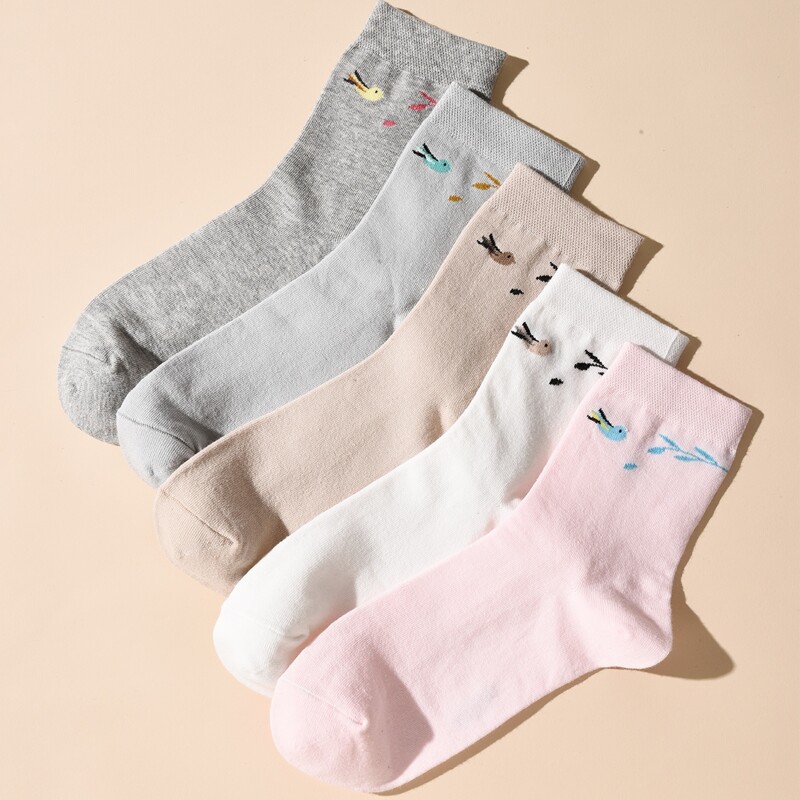 

5pairs Bird Pattern Crew Socks, Multicolor