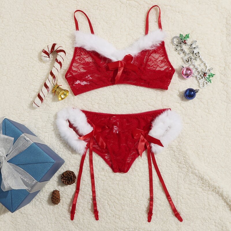 

Plush Floral Lace Lingerie Set, Red