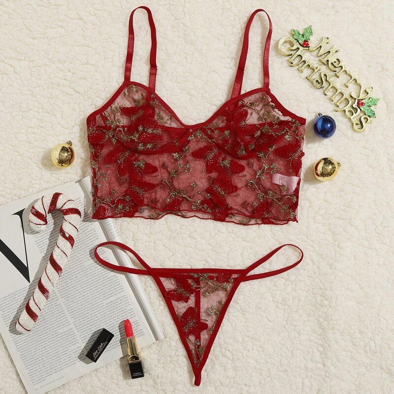 

Butterfly Embroidery Sheer Mesh Lingerie Set, Red