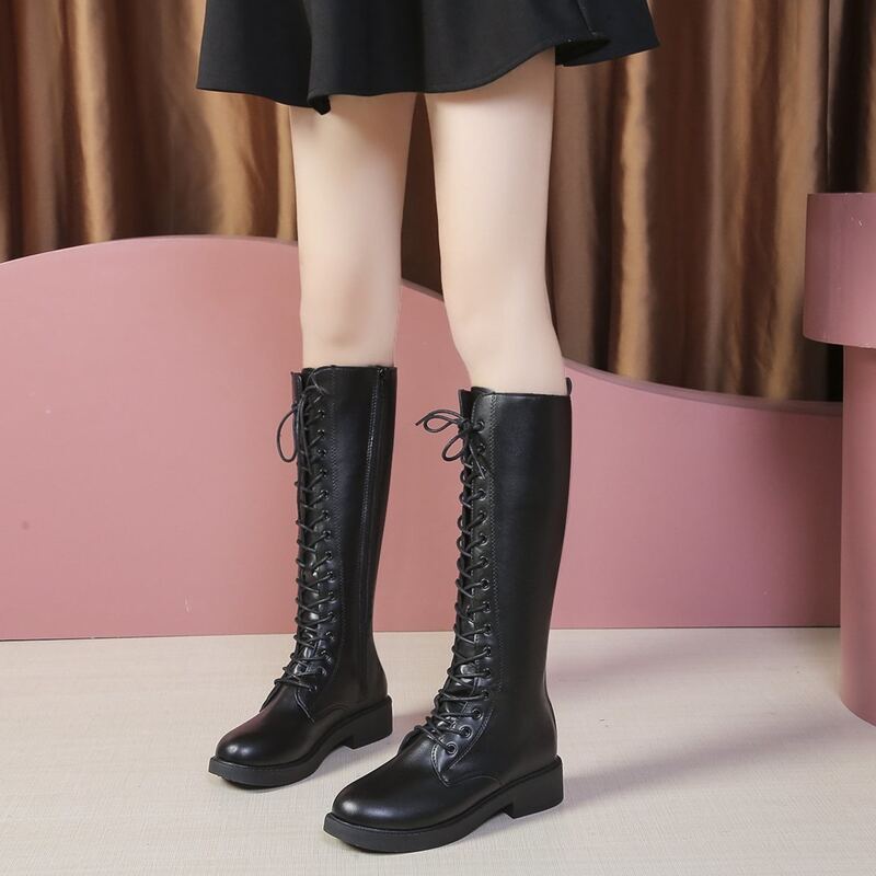 

Lace-up Front Mid Calf Boots, Black