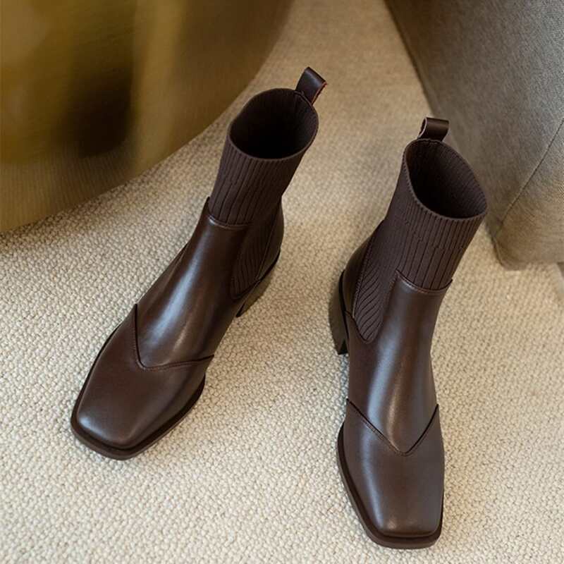 

Square Toe Knit Detail Boots, Brown