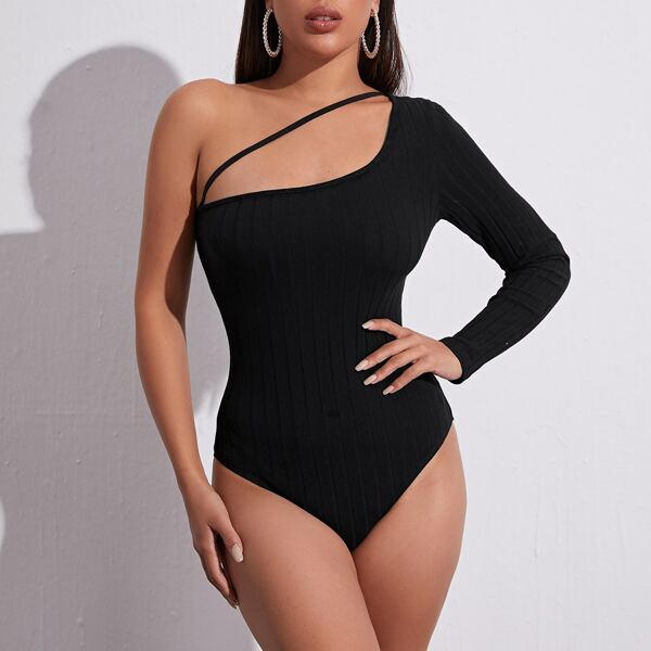 

One Shoulder Strappy Bodysuit, Black