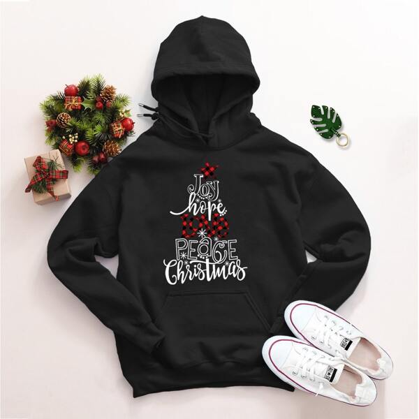 

Christmas Kangaroo Pocket Fleece Lined Drawstring Hoodie, Black