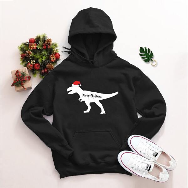 

Christmas Fleece Lined Drawstring Hoodie, Black