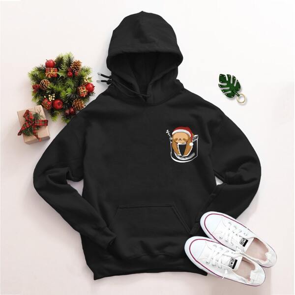 

Christmas & Cartoon Fleece Lined Drawstring Hoodie, Black