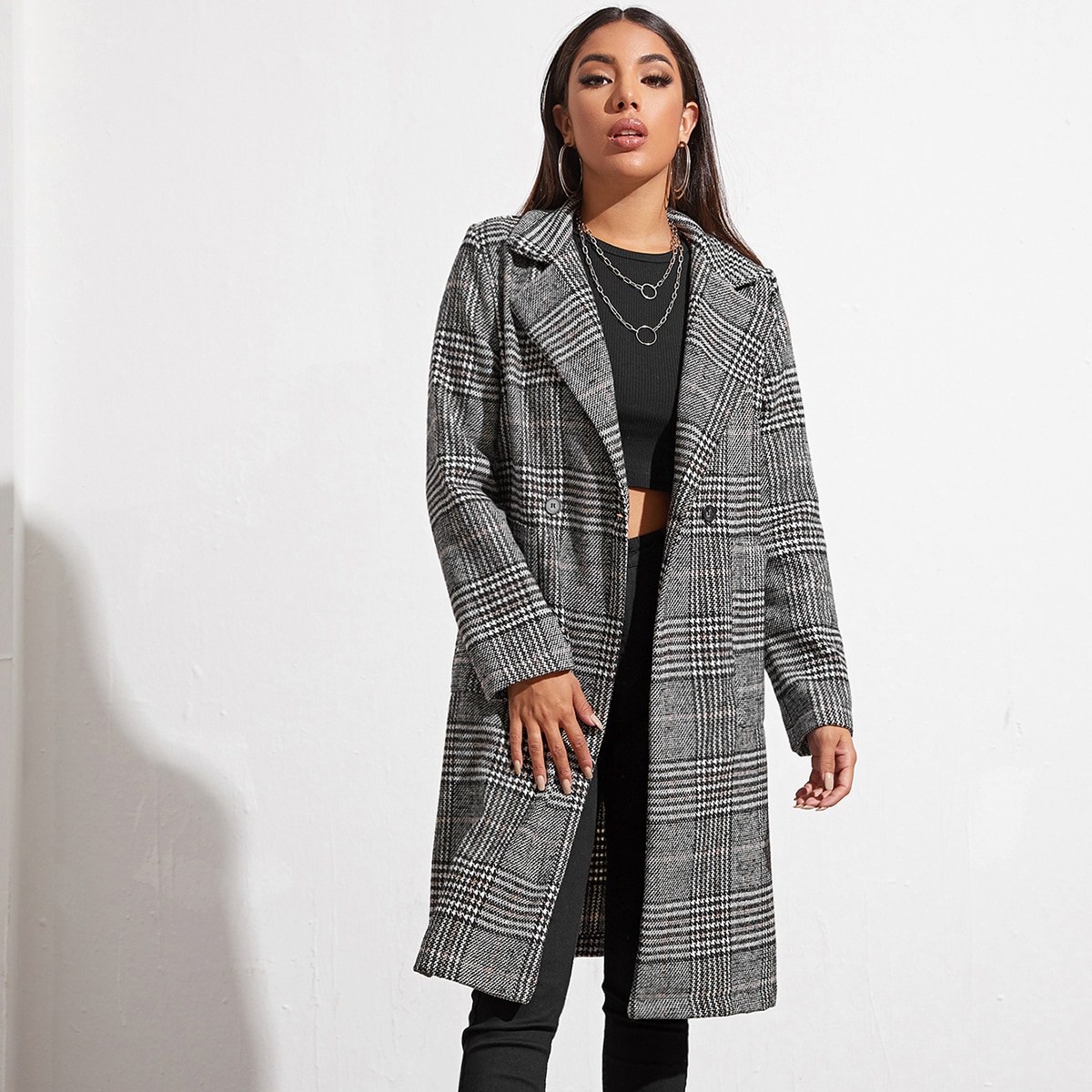 Image of Double Button Side Pocket Plaid Pea Coat