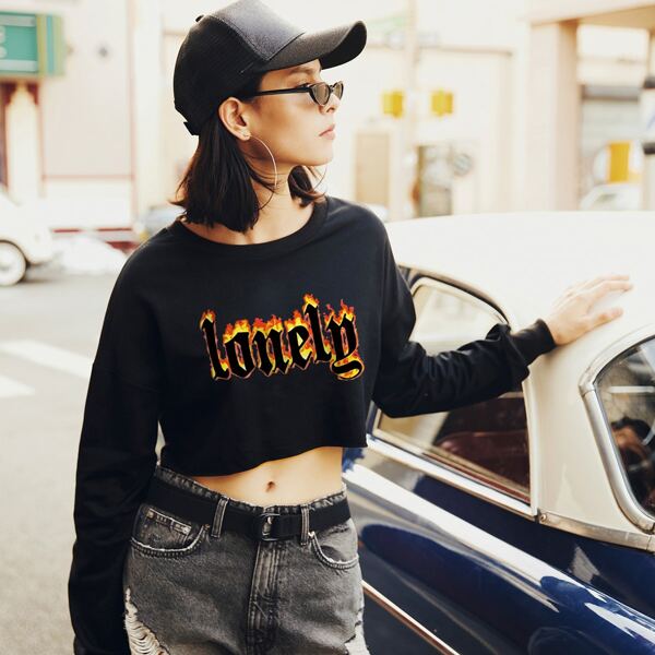 

Letter & Fire Print Crop Sweatshirt, Black