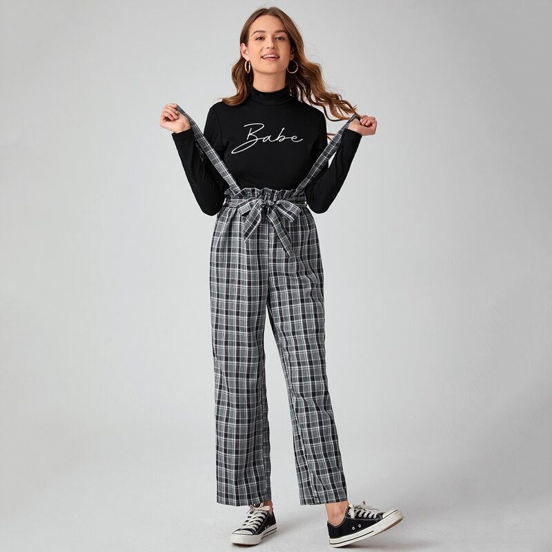 

Plaid Paperbag Waist Overall, Black
