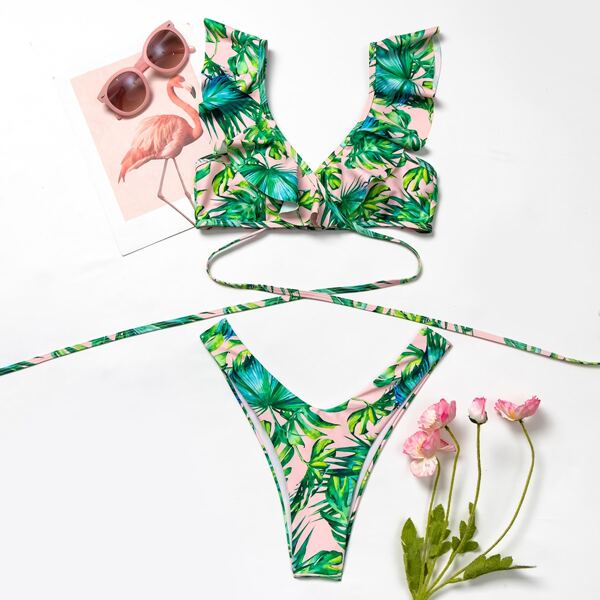 

Tropical Ruffle High Leg Bikini Swimsuit, Multicolor