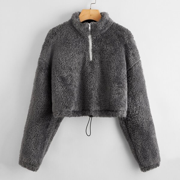 

Solid Half Zipper Drawstring Hem Crop Teddy Sweatshirt, Dark grey