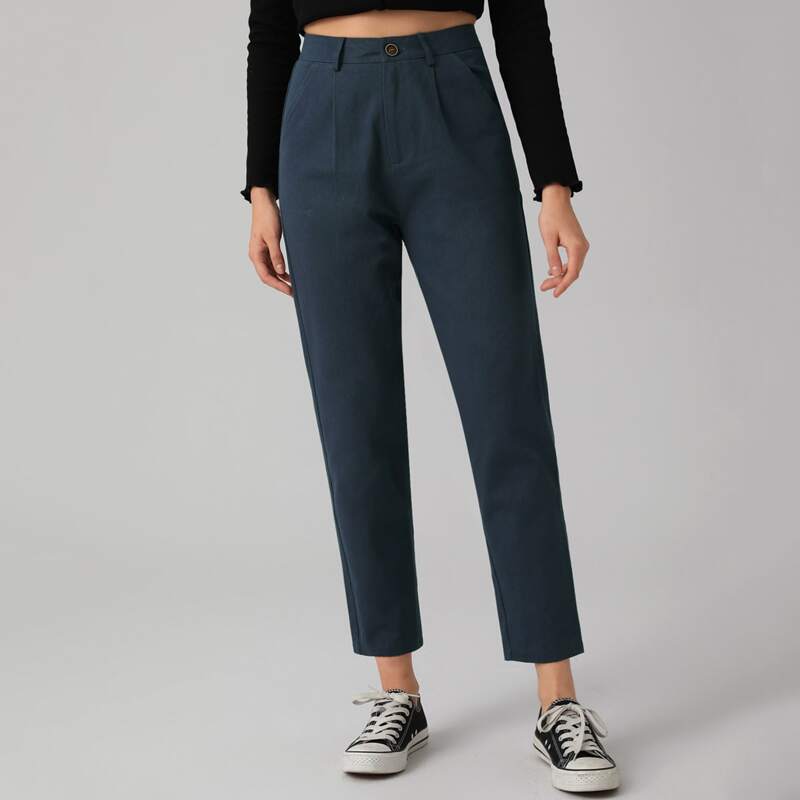 

Solid High Waist Pants, Navy blue