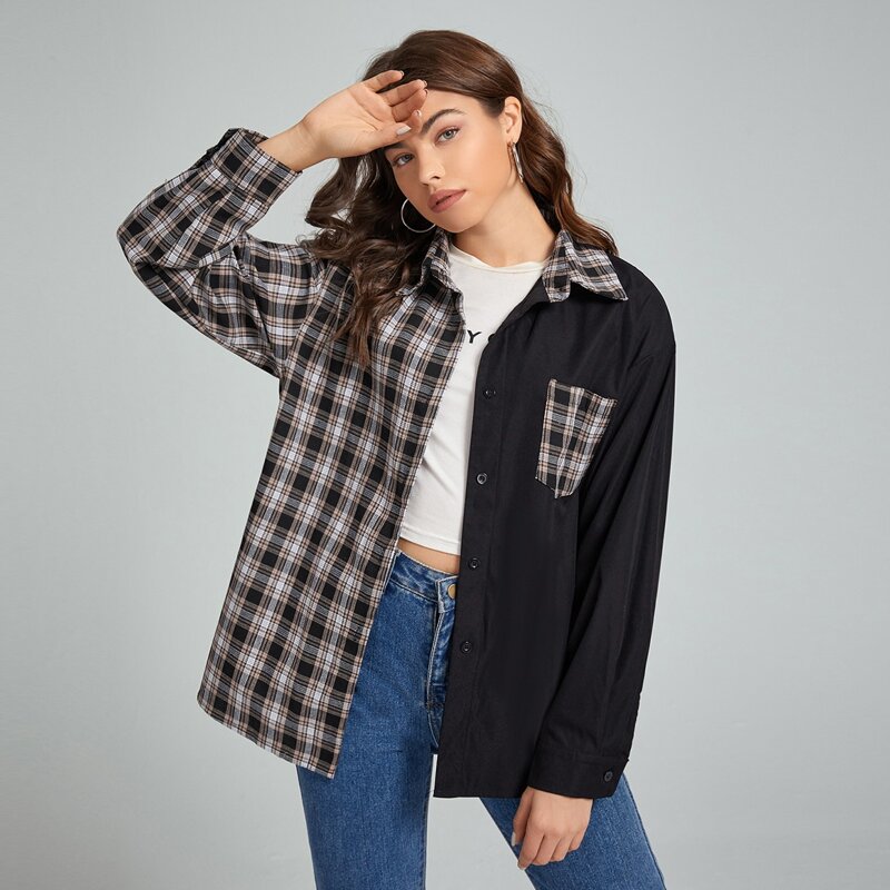 

Contrast Plaid Boyfriend Shirt, Multicolor